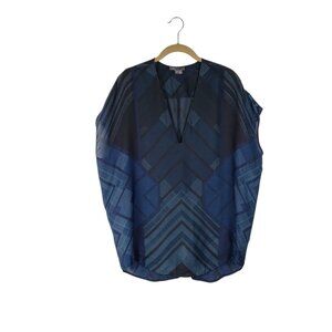 Vince Womens M 100% Silk Art Deco Geo Short Sleeve Blouse Navy Blue Lightweight